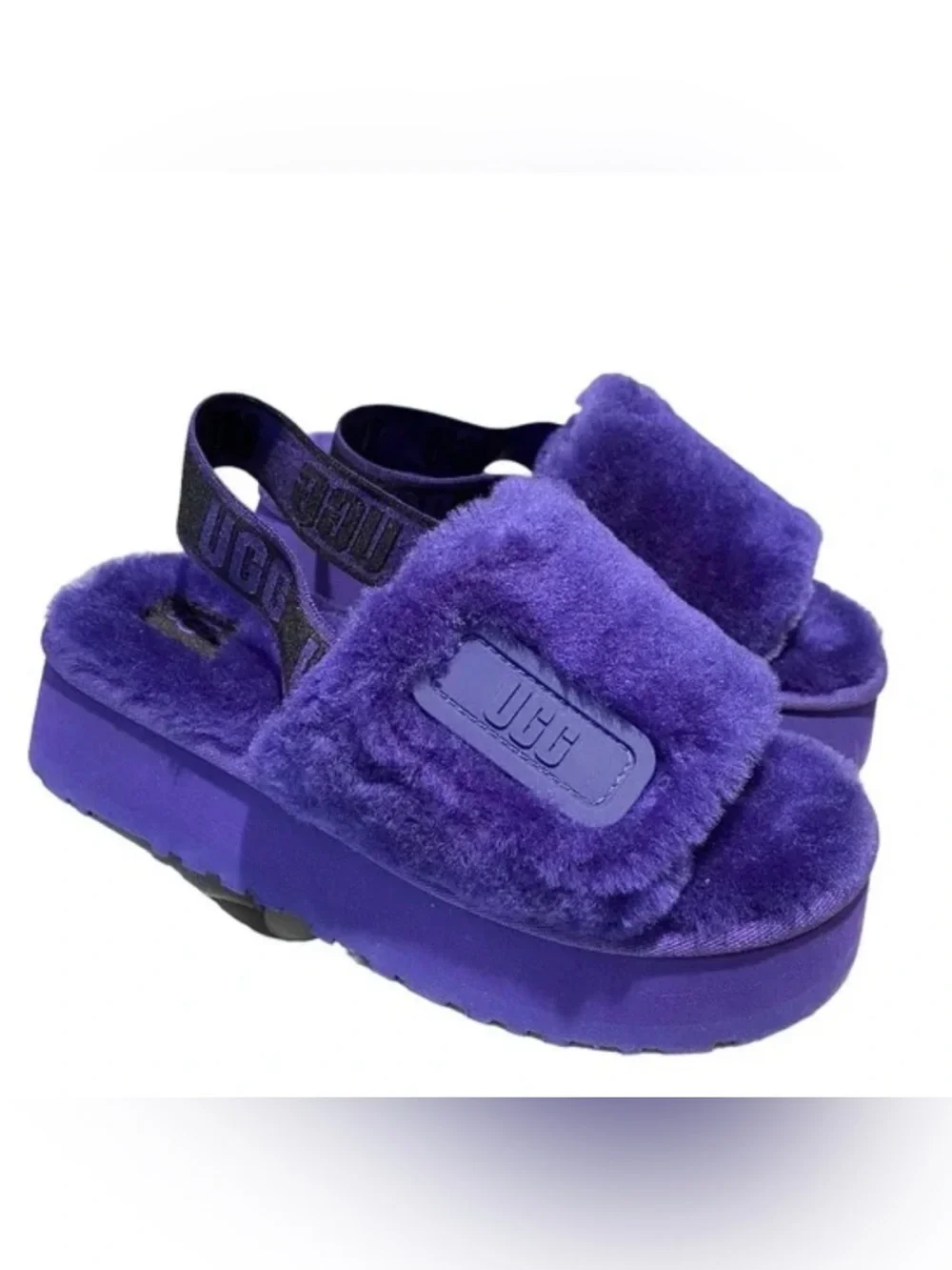 UGG Purple Faux Fur Platform Slingback Sandals Size 8 NWT & Box